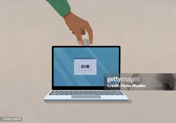 hand inserting us coin into laptop with sub text on screen - coin stock illustrations