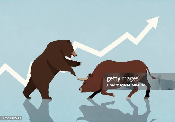 bear and bull market fighting in front of ascending stock market arrow on blue background - bull bear stock-grafiken, -clipart, -cartoons und -symbole