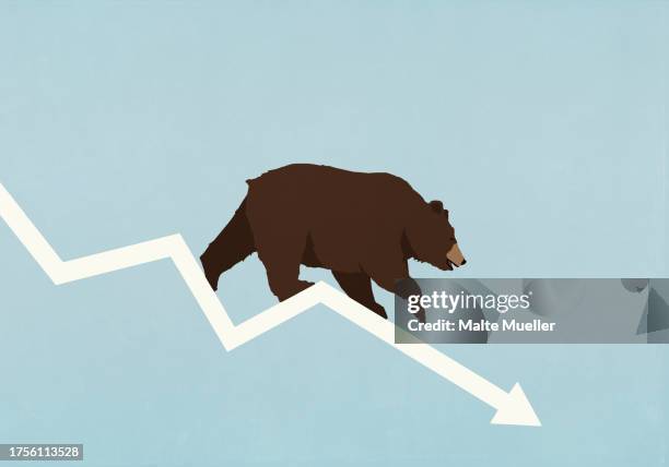 bear walking down falling stock market arrow on blue background - recession stock illustrations