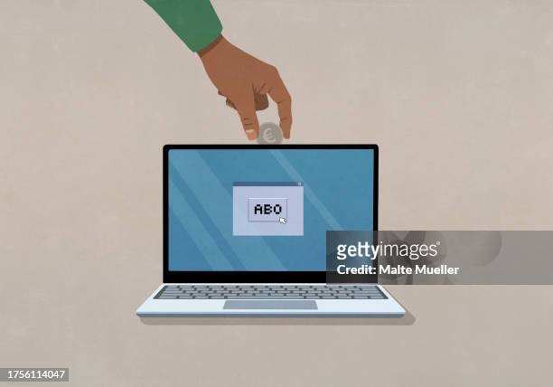 hand depositing euro coin into laptop with abo text - unrecognizable person stock illustrations