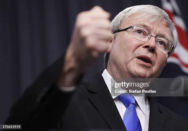 Australian Prime Minister Kevin Rudd speaks to the media on August 5, 2013 in Canberra, Australia. Kevin Rudd announced if the Australian Labor Party...