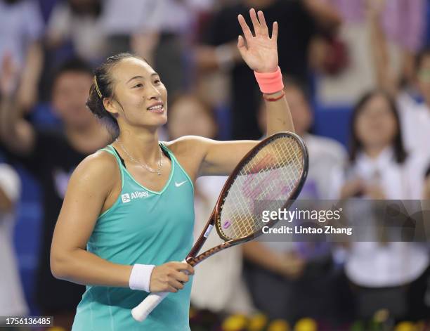 Qinwen Zheng of China celebrates victory in the women's singles 1st round match against Donna Vekic of Croatia on Day 2 of the WTA Elite Trophy...