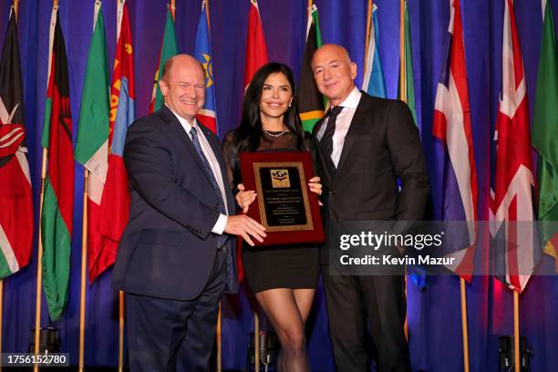 Senator Chris Coons, Lauren Sánchez, and Jeff Bezos attend the ICCF U.S. Congressional International Conservation Leadership Awards Dinner at Waldorf...