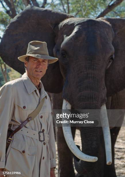 American actor and director Clint Eastwood on the set of his film White Hunter Black Heart, in Zimbabwe in 1989.