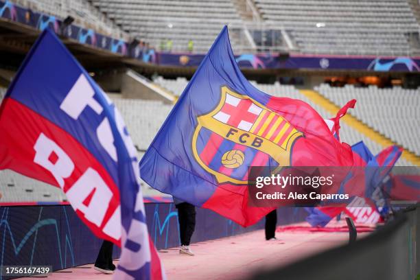 Barcelona flags are seen inside the stadium prior to the UEFA Champions League match between FC Barcelona and FC Shakhtar Donetsk at Estadi Olimpic...