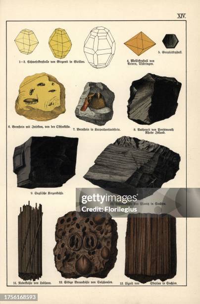 Minerals and cystals of sulphur, mellite, graphite, amber with insects, amber in Carpathian stone, anthracite, English coal, slate coal, needle coal,...