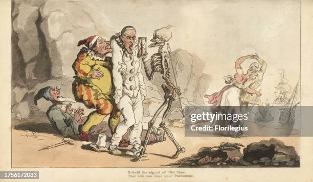 The skeleton of Death with hourglass and dart comes for a Pierrot and other clowns, while a harlequin dances with a woman on a beach. Handcoloured...