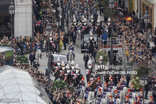 Spanish Crown Princess of Asturias Leonor leaves by car after attending a ceremony to swear loyalty to the constitution, on her 18th birthday, at the...