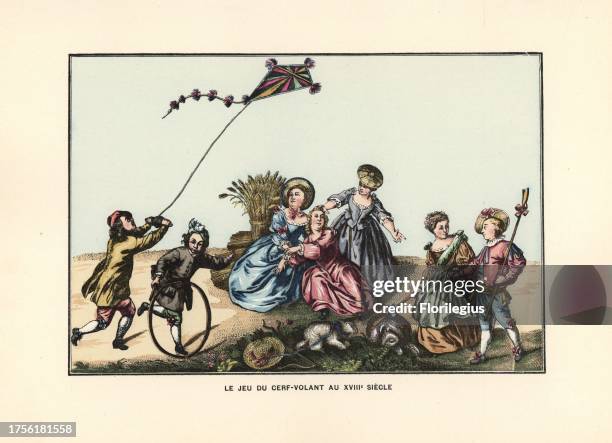 Children flying a kite, rolling hoops, and playing at shepherd and shepherdess, 18th century. Handcoloured lithograph from Henry Rene Allemagne's...