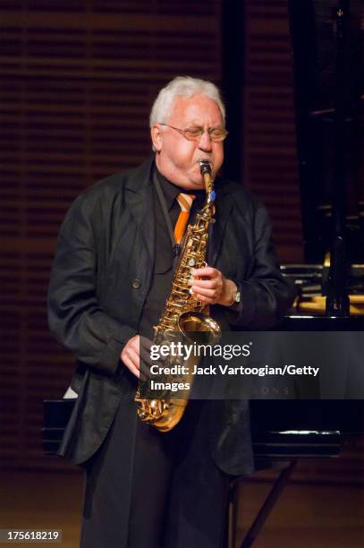 American Jazz musician Lee Konitz performs on alto saxophone at the JVC Jazz Festival 'New York' concert 'Lee Konitz's Beautiful 80th Birthday Party'...