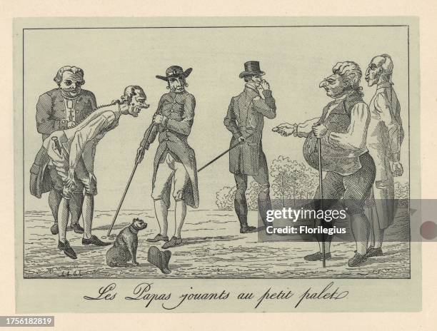 Old men playing petit palet or shove ha'penny in a park, 18th century. Lithograph from Henry Rene Allemagne's Sports and Games of Skill , Librairie...