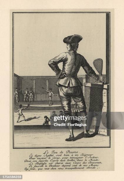 The game of paume , 18th century. A man with racquet watches other nobles playing real tennis over a net in a courtyard. Lithograph from Henry Rene...