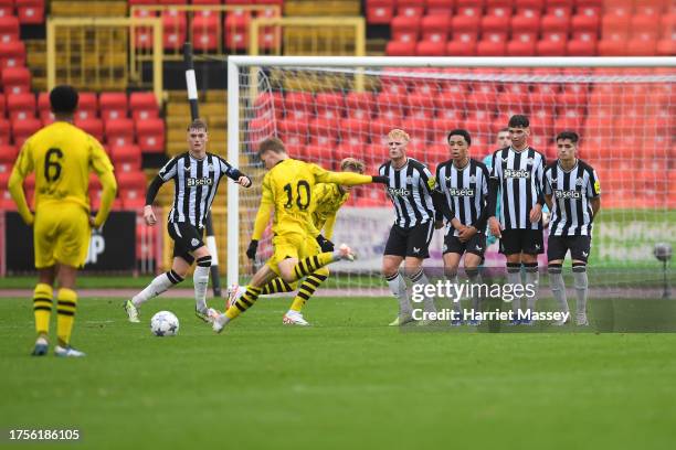 Cole Campbell of Borussia Dortmund takes a free kick during the Group F UEFA Youth League game between Newcastle United U19 and Borussia Dortmund U19...