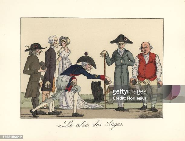 Five old men play a game of boules or bowls, circa 1800. Copied from Martinet's Caricatures Parisiennes. Handcoloured lithograph from Henry Rene...