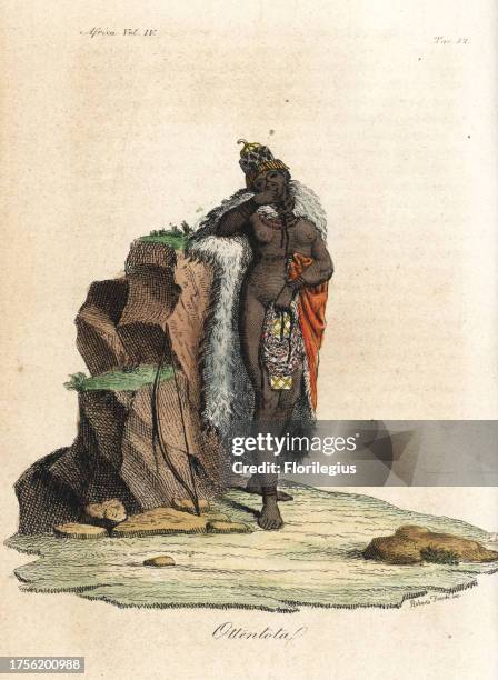 Khoikhoi woman of Angola in fur cape and hat with bow, necklace, and beaded apron. Handcoloured copperplate engraving by Roberto Freschi from Giulio...