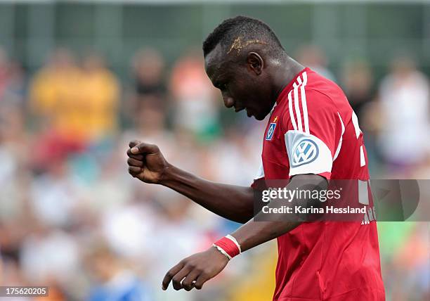 Jacques Daogari Zoua of Hamburg reacts during the DFB Cup between SV Schott Jena and Hamburger SV at Ernst-Abbe-Sportfeld on August 04, 2013 in...