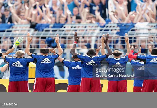 Team of Hamburg in front of the Fans during the DFB Cup between SV Schott Jena and Hamburger SV at Ernst-Abbe-Sportfeld on August 04, 2013 in...