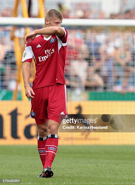 Lasse Sobiech of Hamburg during the DFB Cup between SV Schott Jena and Hamburger SV at Ernst-Abbe-Sportfeld on August 04, 2013 in Jena,Germany.