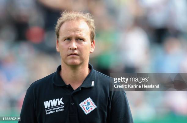Head Coach Steffen Geisendorf of Jena during the DFB Cup between SV Schott Jena and Hamburger SV at Ernst-Abbe-Sportfeld on August 04, 2013 in...