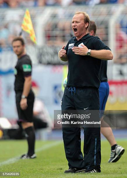 Head Coach Steffen Geisendorf of Jena reacts during the DFB Cup between SV Schott Jena and Hamburger SV at Ernst-Abbe-Sportfeld on August 04, 2013 in...