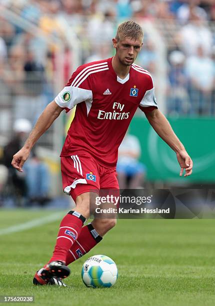Lasse Sobiech of Hamburg during the DFB Cup between SV Schott Jena and Hamburger SV at Ernst-Abbe-Sportfeld on August 04, 2013 in Jena,Germany.