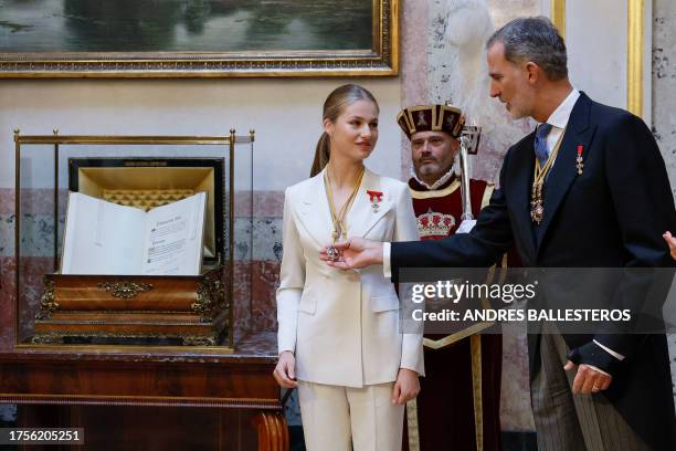 Spanish Crown Princess of Asturias Leonor attends with Spain's King Felipe VI a ceremony to swear loyalty to the constitution, on her 18th birthday,...