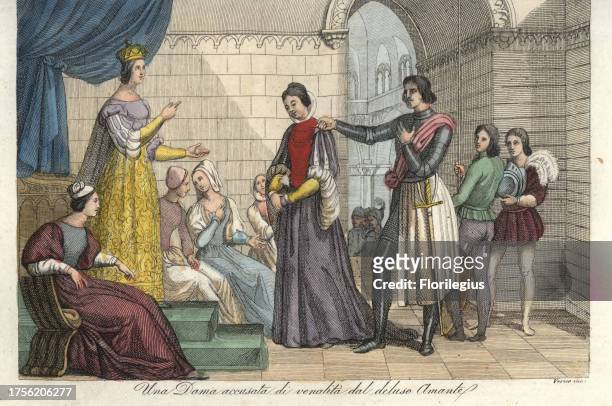 Woman accused of venality by her disappointed lover is judged by Queen Eleanor of Aquitaine. Handcoloured copperplate engraving by Verico after...