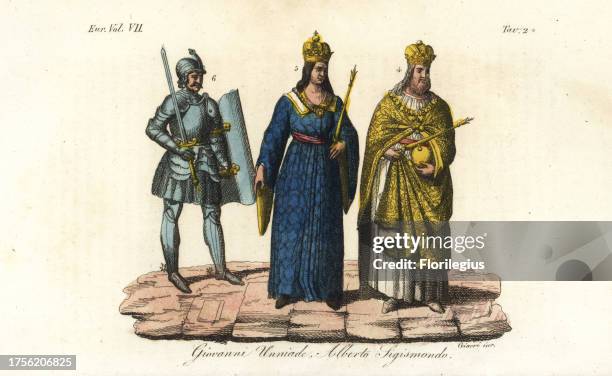 Holy Roman Emperor Sigismund of Luxemburg 4, Albert the Magnanimous 5, and John Hunyadi 6. Handcoloured copperplate engraving by Giarre from Giulio...