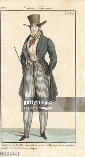 Man wearing the fashion of 1823: straw hat, silk cravat, cashmere ridingcoat, gilet and trousers in backstitched fabric. Handcoloured copperplate...