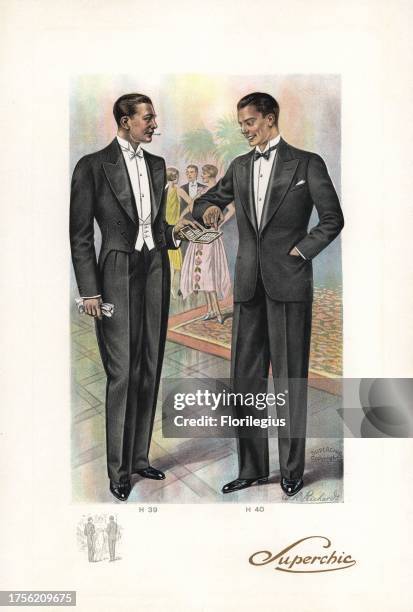 Men in smoking and formal wear at a chic party from the 1920s. Man in smoking suit with wide lapels offering a cigarette to another man in formal...