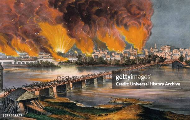 The Evacuation Fire in Richmond, Virginia, America, April 2 during the American Civil War. After a Currier and Ives lithograph.
