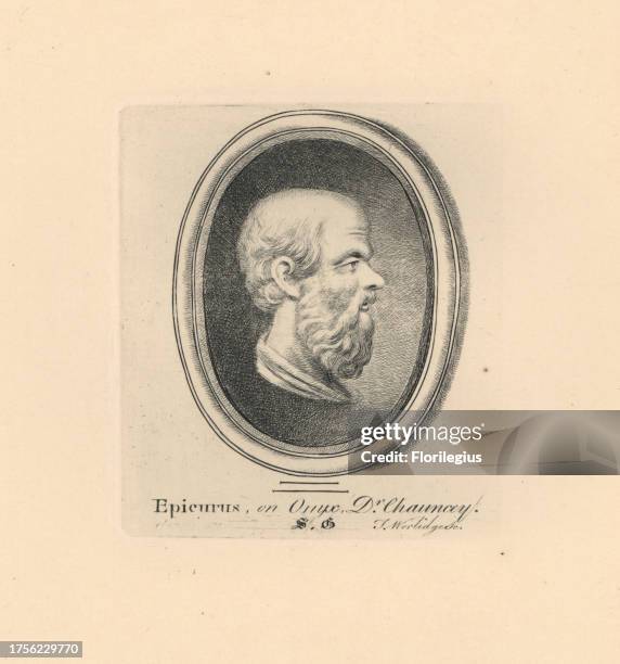 Portrait of Epicurus, ancient Greek philosopher, on onyx in Dr. Chauncey's collection. Copperplate engraving by Thomas Worlidge from James...