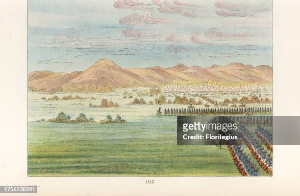 Colonel Henry Dodge's 1st regiment United States' Dragoons in formation before entering a Comanche village. Handcoloured lithograph from George...