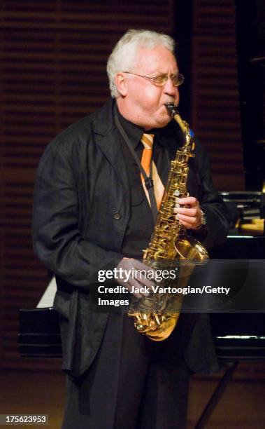 American Jazz musician Lee Konitz performs on alto saxophone at the JVC Jazz Festival 'New York' concert 'Lee Konitz's Beautiful 80th Birthday Party'...