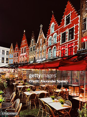 Cafes and restaurants at Market Square in Bruges at night, Belgium Cafes and restaurants at Market Square in Bruges at night, Belgium