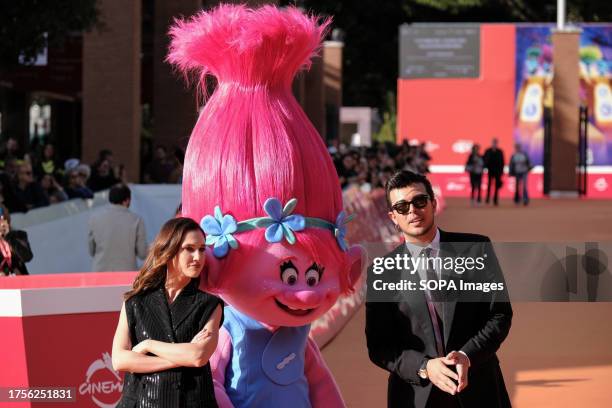 Lodovica Comello and Antonio Stash Fiordispino with Princess Poppy attend the red carpet for "Trolls 3" during the 18th Rome Film Festival at...