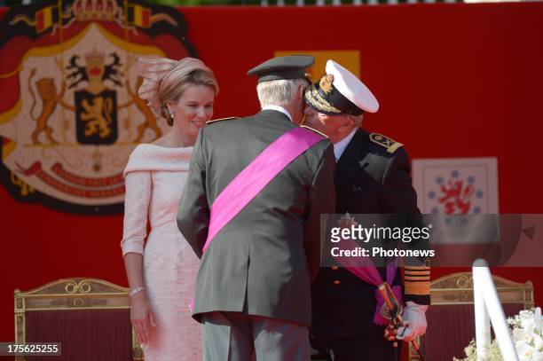 King Philippe, Queen Mathilde and King Albert II of Belgium during the Military Parade on July 21, 2013 in Brussels, Belgium.