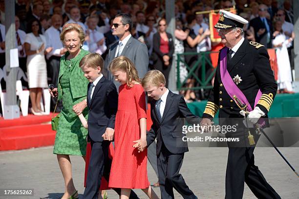 King Albert II and Queen Paola with their grandchildren Prince Gabriel, Princess Elizabeth, Princess Eleonore and Prince Emmanuel of Belgium during...