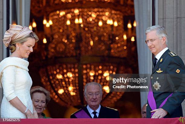 Queen Mathilde, Queen Paola, King Albert II and King Philippe at the the balcony of the Royal Palace of Brussels on July 21, 2013 in Brussels ,...