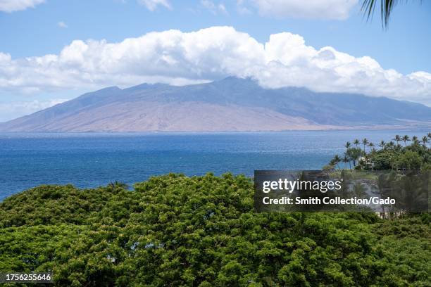 Aerial view of Wailea Beach with the West Maui Mountains visible in the distance, Maui, Kihei, Hawaii, July 15, 2023.