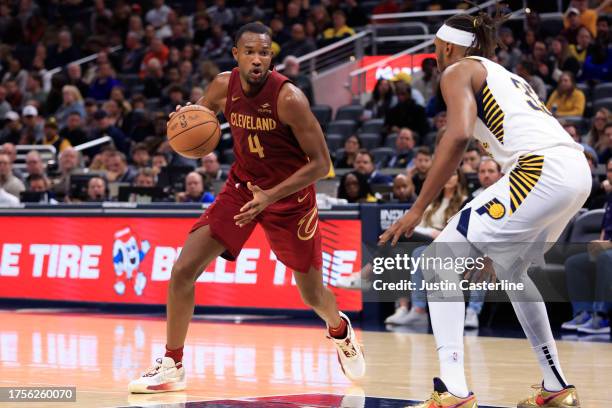 Evan Mobley of the Cleveland Cavaliers drives to the basket in the game against the Indiana Pacers at Gainbridge Fieldhouse on October 20, 2023 in...