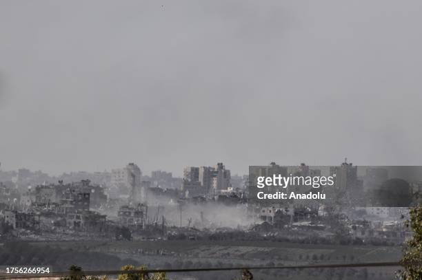 Smoke rising from the damaged buildings in Gaza are seen from the Sderot city after Israeli airstrikes hit the city, in Sderot, Israel on October 31,...