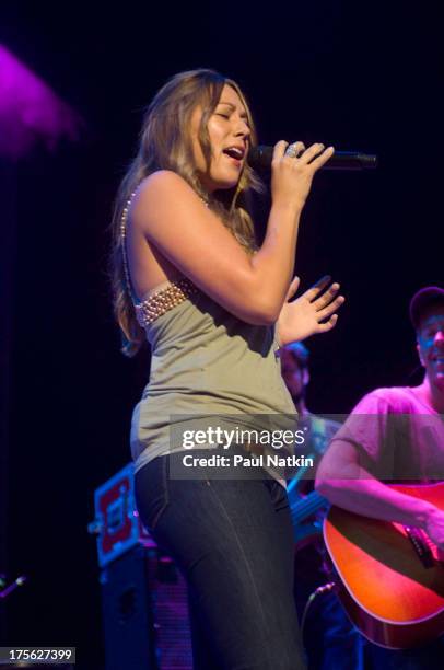 Portrait of singer Colbie Callet performing at the First Midwest Bank Amphitheater, Tinley Park, Illinois, July 18, 2008.