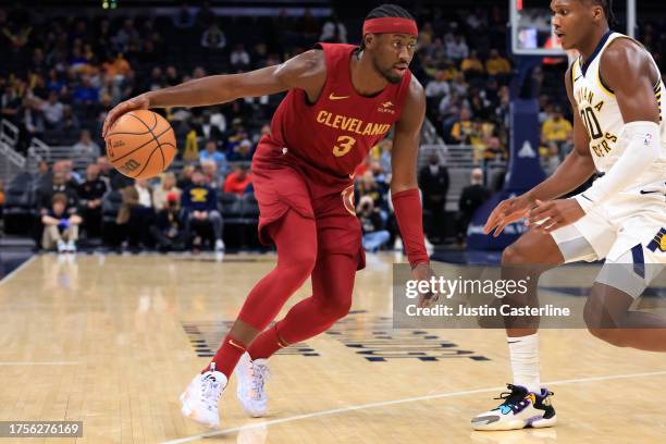 Caris LeVert of the Cleveland Cavaliers drives to the basket in the game against the Indiana Pacers at Gainbridge Fieldhouse on October 20, 2023 in...