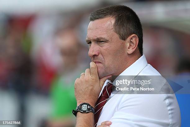 Northampton Town manager Aidy Boothroyd looks on prior to the Sky Bet League Two match between York City and Northampton Town at Bootham Crescent on...