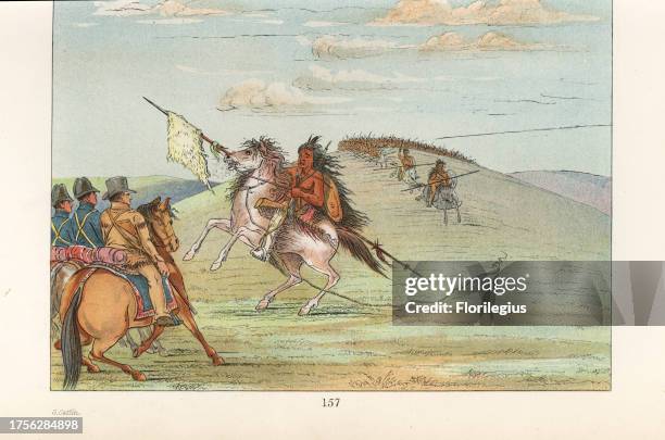 Leader of a war party of the Comanche nation approaching Colonel Henry Dodge's 1st regiment United States' Dragoons with a white flag. Handcoloured...