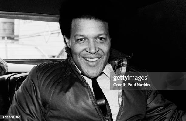 Portrait of singer Chubby Checker traveling in an automobile, Chicago, Illinois, April 30, 1982.