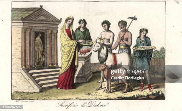 Queen Dido of Carthage preparing a ritual sacrifice of a white bull to the goddess Juno, whose temple can be seen behind. Handcoloured copperplate...