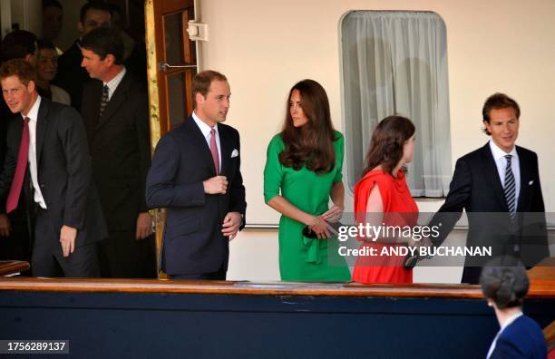 Prince Harry, Prince William, Catherine and Princess Eugenie leave the pre-wedding drinks party of Queen Elizabeth II's eldest granddaughter Zara...