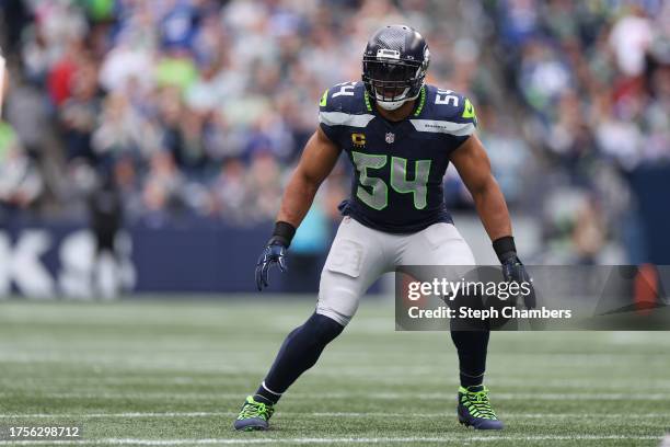 Bobby Wagner of the Seattle Seahawks in action against the Arizona Cardinals during the first quarter at Lumen Field on October 22, 2023 in Seattle,...